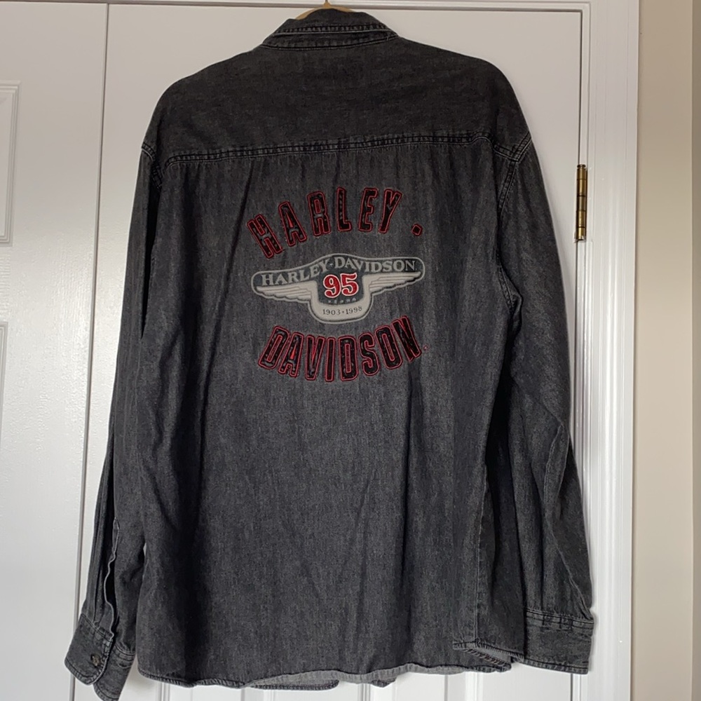 Harley Davidson black denim button up shirt, xl